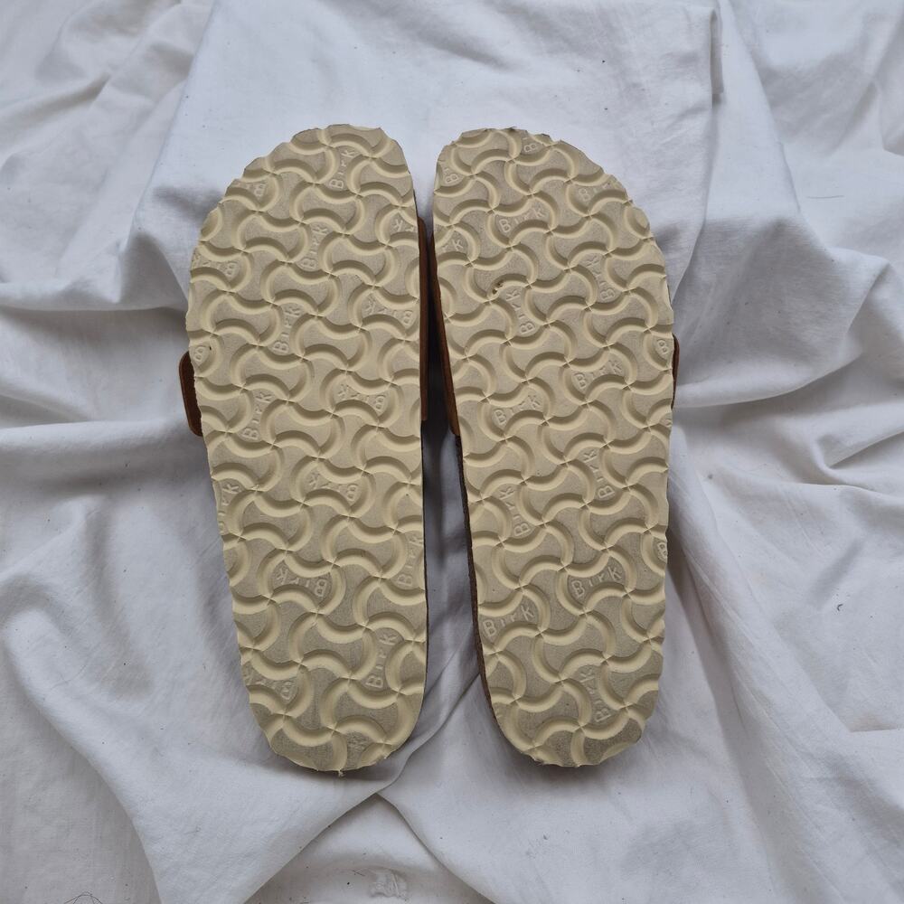 Birkenstock Brown Leather Slide Sandals with Gold Buckles - Picture 7 of 7